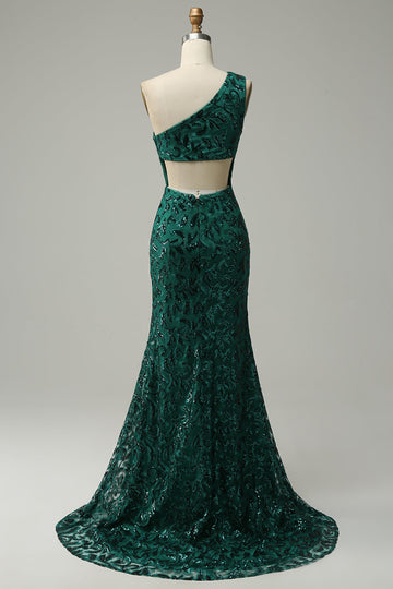 Mermaid One Shoulder Dark Green Sequins Long Ball Dress with Split Front